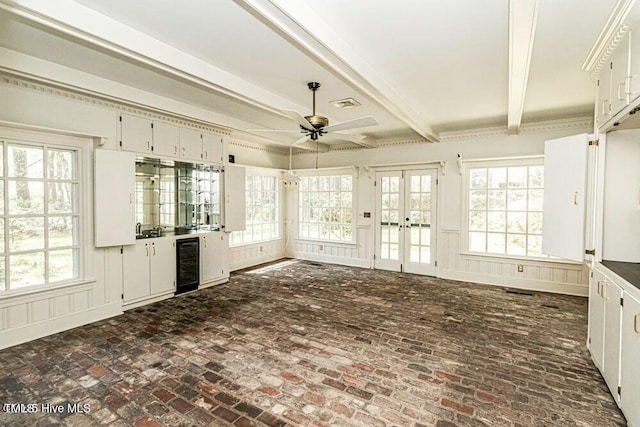 322 Gravley Dr, Rocky Mount, NC 27804 - unfurnished sunroom featuring french doors, beverage cooler, and beam ceiling