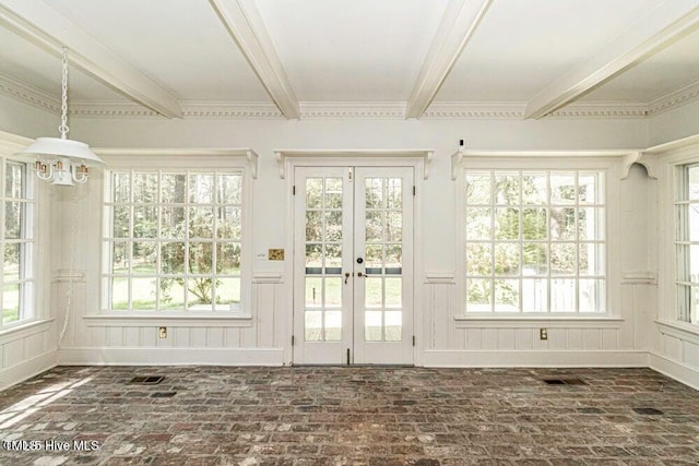 322 Gravley Dr, Rocky Mount, NC 27804 - unfurnished sunroom with french doors, beamed ceiling, and a chandelier