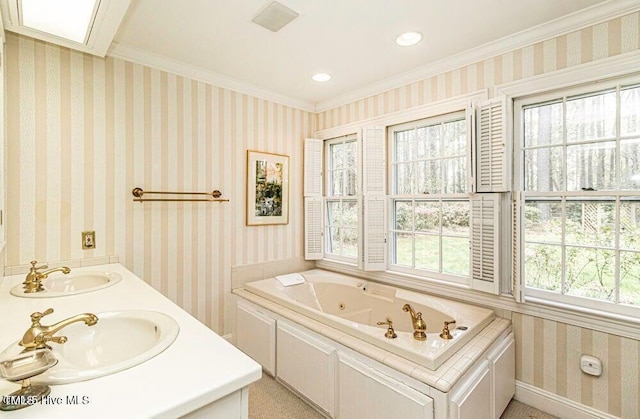 322 Gravley Dr, Rocky Mount, NC 27804 - full bath featuring a whirlpool tub, ornamental molding, double vanity, and recessed lighting