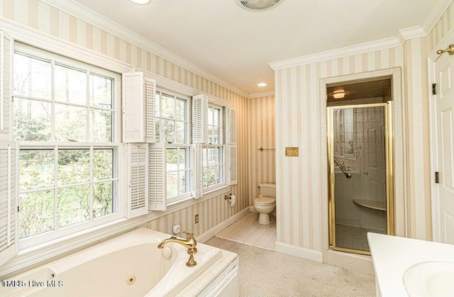 322 Gravley Dr, Rocky Mount, NC 27804 - full bathroom featuring crown molding, a tub with jets, a stall shower, wallpapered walls, and vanity