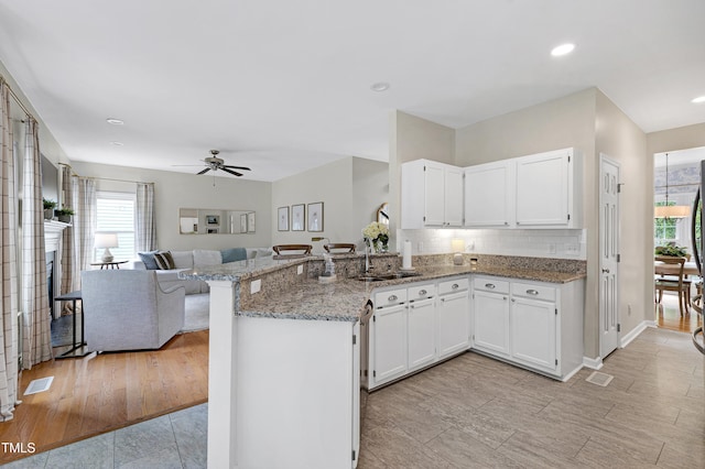 8841 Deerland Grove Dr, Raleigh, NC 27615 - kitchen with a peninsula, plenty of natural light, light stone counters, open floor plan, and recessed lighting