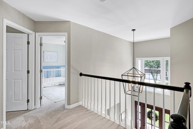8841 Deerland Grove Dr, Raleigh, NC 27615 - hallway featuring carpet and an upstairs landing