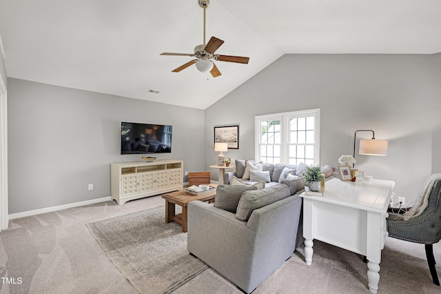8841 Deerland Grove Dr, Raleigh, NC 27615 - carpeted living room featuring a ceiling fan and high vaulted ceiling
