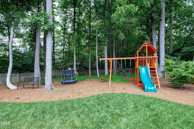 8841 Deerland Grove Dr, Raleigh, NC 27615 - view of jungle gym featuring a fenced backyard and a trampoline