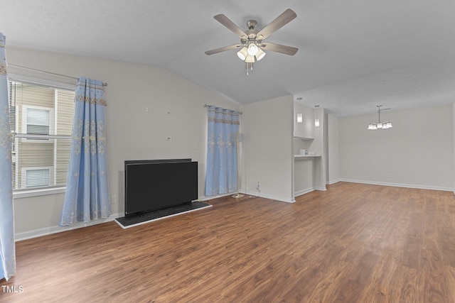 667 Bartons Lndg Unit 8, Fayetteville, NC 28314 - unfurnished living room featuring wood finished floors, a chandelier, a ceiling fan, and lofted ceiling