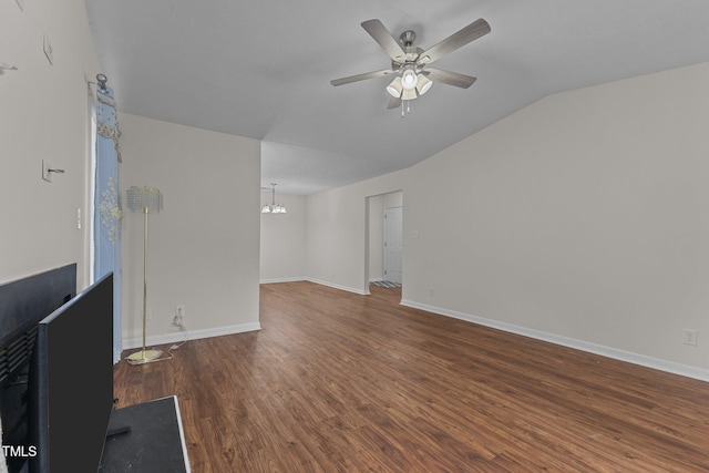 667 Bartons Lndg Unit 8, Fayetteville, NC 28314 - unfurnished living room with ceiling fan, wood finished floors, a chandelier, and vaulted ceiling