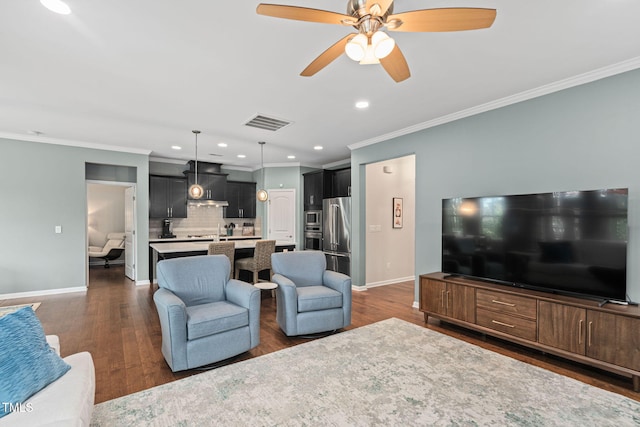 1523 Anthology Dr, Durham, NC 27703 - living room with ornamental molding, dark wood-type flooring, a ceiling fan, and recessed lighting