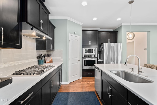 1523 Anthology Dr, Durham, NC 27703 - kitchen featuring stainless steel appliances, under cabinet range hood, ornamental molding, light countertops, and dark cabinetry