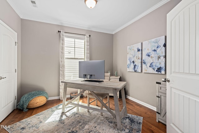 1523 Anthology Dr, Durham, NC 27703 - office area with ornamental molding and dark wood-style floors