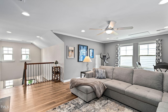 1523 Anthology Dr, Durham, NC 27703 - living room featuring wood finished floors, ceiling fan, ornamental molding, and recessed lighting