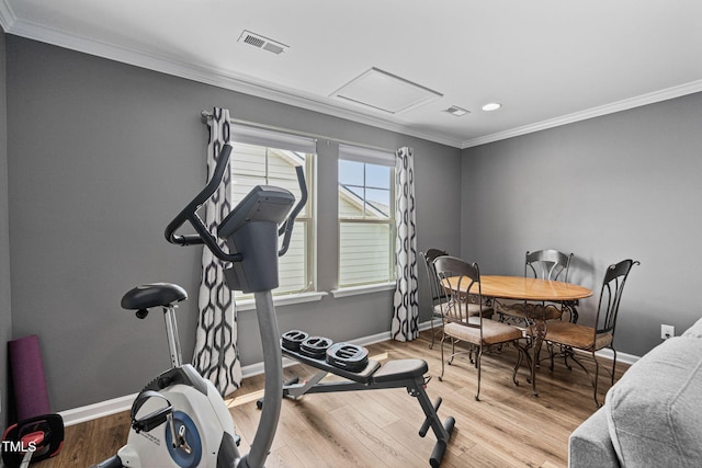 1523 Anthology Dr, Durham, NC 27703 - workout room featuring crown molding, wood finished floors, attic access, and recessed lighting
