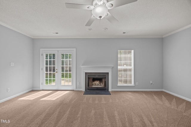 4406 Still Pines Dr, Raleigh, NC 27613 - unfurnished living room featuring carpet floors, a textured ceiling, a fireplace with flush hearth, ornamental molding, and a ceiling fan