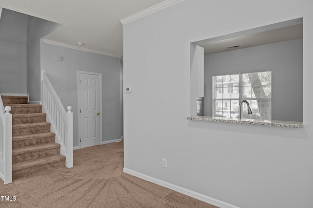 4406 Still Pines Dr, Raleigh, NC 27613 - empty room featuring crown molding, carpet floors, and stairs