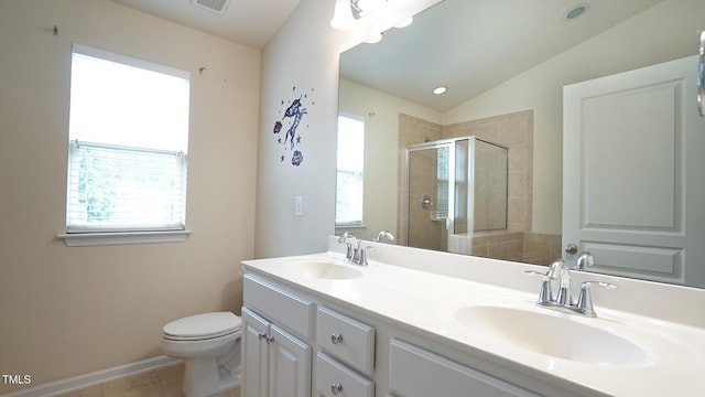5916 Longeria Ct, Raleigh, NC 27612 - bathroom featuring a stall shower, tile patterned floors, double vanity, and lofted ceiling