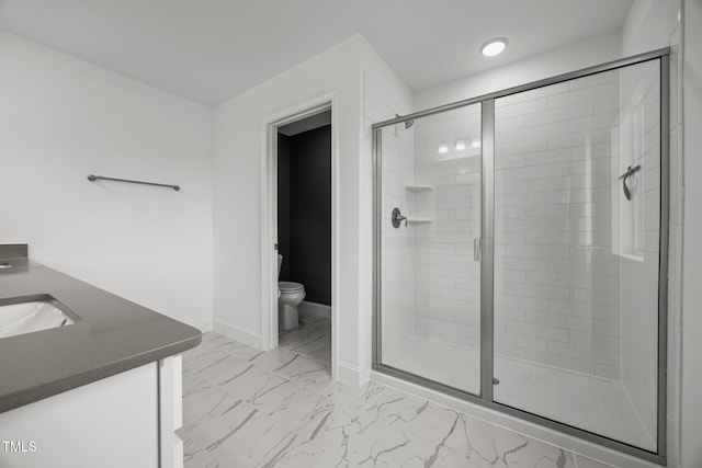 1600 Sandy Prairie Dr, Wendell, NC 27591 - bathroom featuring marble finish flooring, a shower stall, and vanity