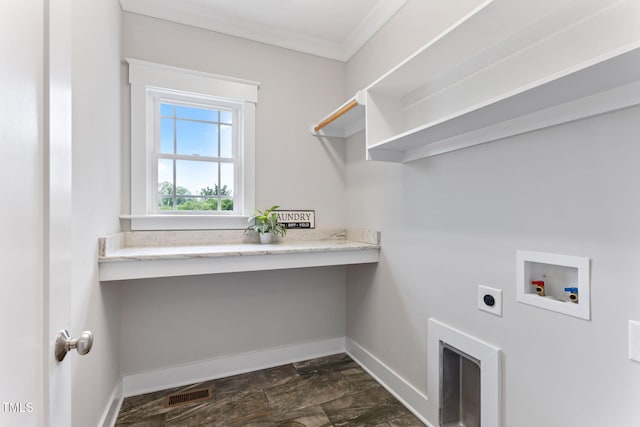 532 Joe Collins Rd, Lillington, NC 27546 - laundry area featuring hookup for an electric dryer, hookup for a washing machine, ornamental molding, a desk, and dark stone finish floors