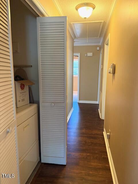 120 W Front St, Oxford, NC 27565 - corridor with attic access, ornamental molding, and dark wood-style flooring