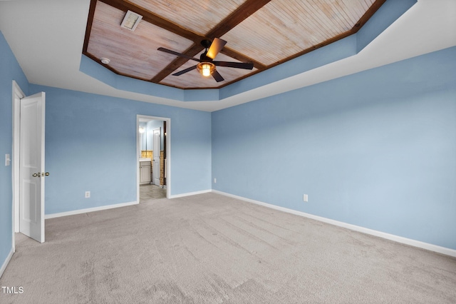 7 Faircroft Ct, Durham, NC 27703 - empty room with a wood ceiling with exposed beams, a ceiling fan, carpet floors, and a raised ceiling