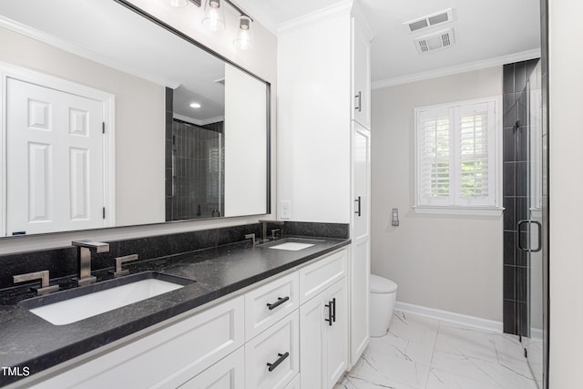 213 Brompton Ct, Burlington, NC 27215 - full bathroom with ornamental molding, marble finish floors, double vanity, and a stall shower