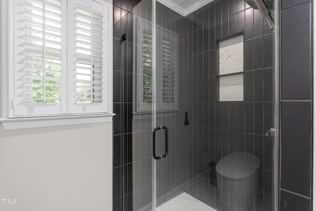213 Brompton Ct, Burlington, NC 27215 - bathroom featuring a shower stall, ornamental molding, and marble look tile flooring