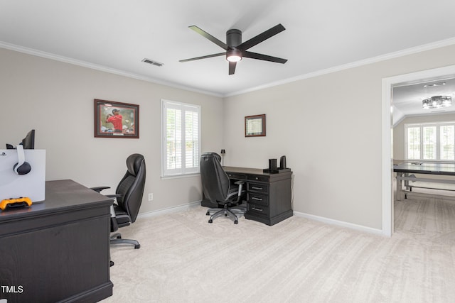 213 Brompton Ct, Burlington, NC 27215 - home office featuring ornamental molding, a ceiling fan, and carpet