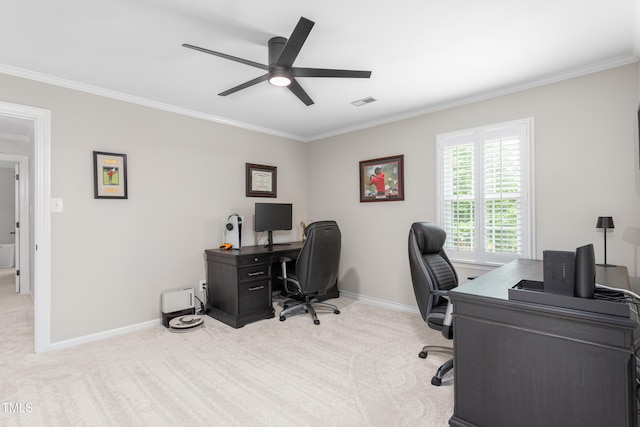 213 Brompton Ct, Burlington, NC 27215 - office space featuring ornamental molding, carpet, and a ceiling fan