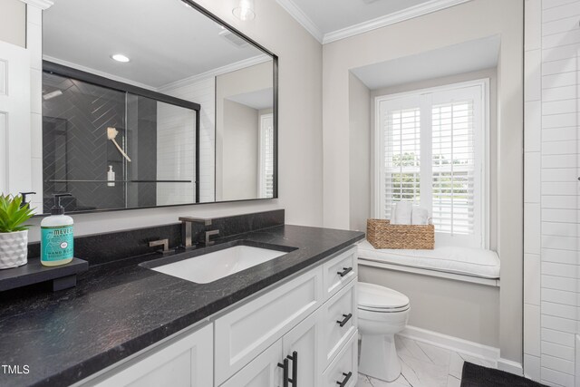 213 Brompton Ct, Burlington, NC 27215 - bathroom with marble look tiles, ornamental molding, vanity, a stall shower, and recessed lighting
