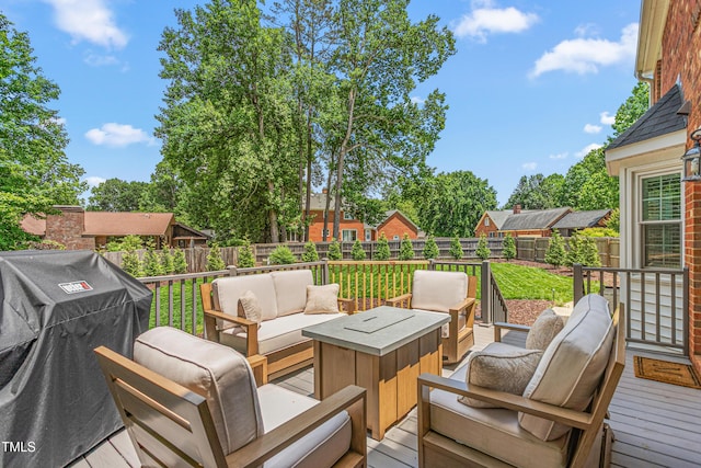 213 Brompton Ct, Burlington, NC 27215 - wooden deck featuring an outdoor hangout area, grilling area, and a fenced backyard