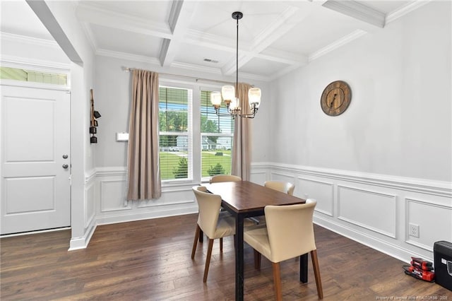 6939 Running Fox Rd, Hope Mills, NC 28348 - dining area with a chandelier, dark wood-style floors, beamed ceiling, coffered ceiling, and a decorative wall