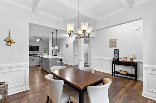 6939 Running Fox Rd, Hope Mills, NC 28348 - dining space with coffered ceiling, a chandelier, beamed ceiling, dark wood-style flooring, and a ceiling fan