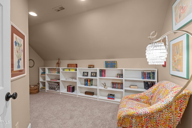 901 Tamaras Cir, Wake Forest, NC 27587 - living area featuring vaulted ceiling, carpet flooring, recessed lighting, and a chandelier