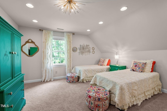 901 Tamaras Cir, Wake Forest, NC 27587 - carpeted bedroom with recessed lighting, a chandelier, and vaulted ceiling