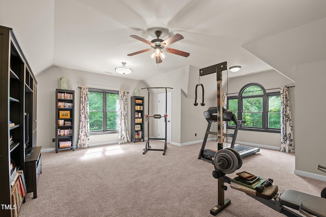 901 Tamaras Cir, Wake Forest, NC 27587 - exercise room featuring ceiling fan, plenty of natural light, carpet, and lofted ceiling