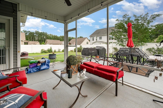 71 Sanibel St, Clayton, NC 27520 - view of patio / terrace with ceiling fan, grilling area, an outdoor living space, and a residential view