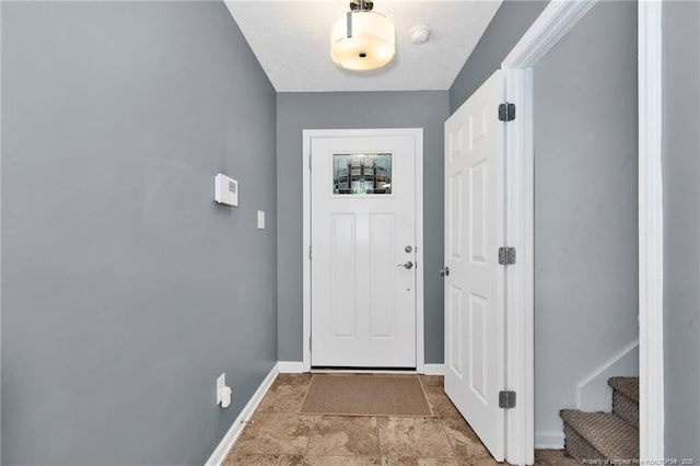 420 Gibson Dr, Raeford, NC 28376 - doorway to outside featuring stone finish flooring and stairway