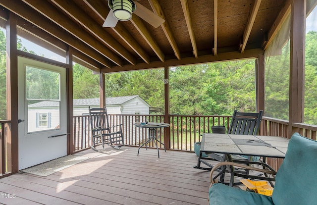 6408 Glen Brack Ct, Raleigh, NC 27603 - wooden deck featuring ceiling fan, outdoor dining space, and an outdoor structure