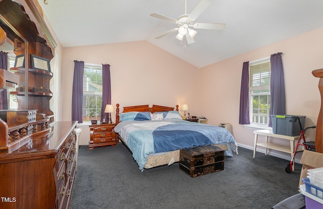 6408 Glen Brack Ct, Raleigh, NC 27603 - bedroom featuring dark colored carpet, multiple windows, lofted ceiling, and ceiling fan