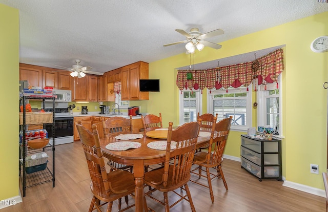 6408 Glen Brack Ct, Raleigh, NC 27603 - dining area with a ceiling fan, light wood-type flooring, and a textured ceiling