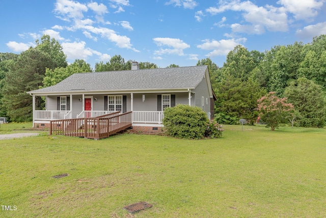 6408 Glen Brack Ct, Raleigh, NC 27603 - ranch-style home with crawl space, a porch, a front yard, a chimney, and roof with shingles
