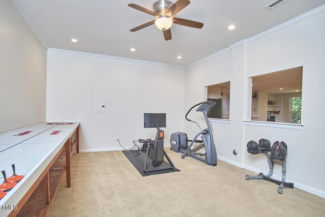5328 Willow Cry Ln, Raleigh, NC 27613 - exercise room with ornamental molding, carpet flooring, recessed lighting, and ceiling fan