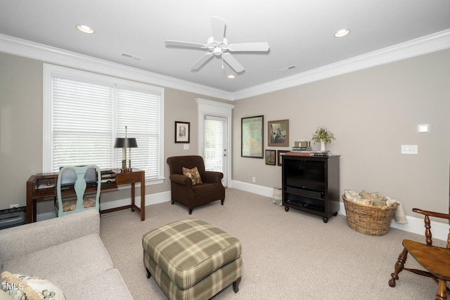 734 Portstewart Dr, Cary, NC 27519 - living room featuring a ceiling fan, ornamental molding, light colored carpet, and recessed lighting