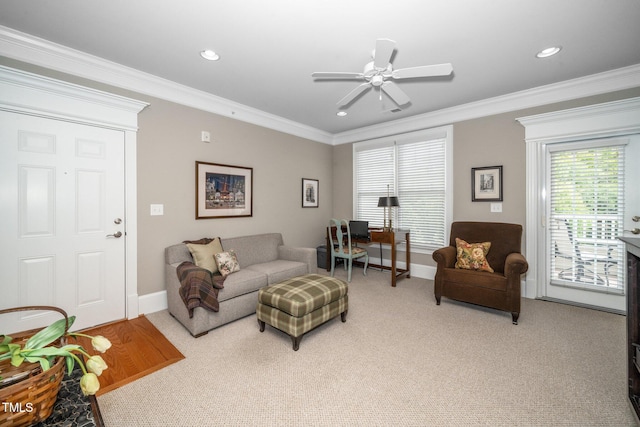 734 Portstewart Dr, Cary, NC 27519 - living area with light colored carpet, ceiling fan, crown molding, and recessed lighting