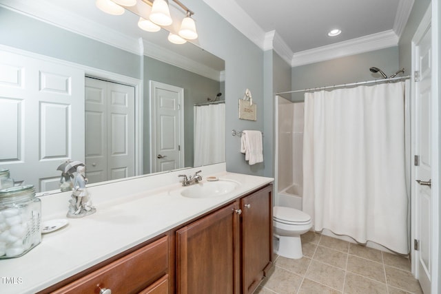 734 Portstewart Dr, Cary, NC 27519 - full bath featuring vanity, ornamental molding, tile patterned floors, and shower / tub combo with curtain