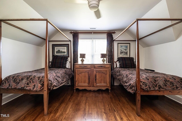 815 Marlowe Rd Unit 10, Raleigh, NC 27609 - bedroom with dark wood-style flooring, vaulted ceiling, and a ceiling fan