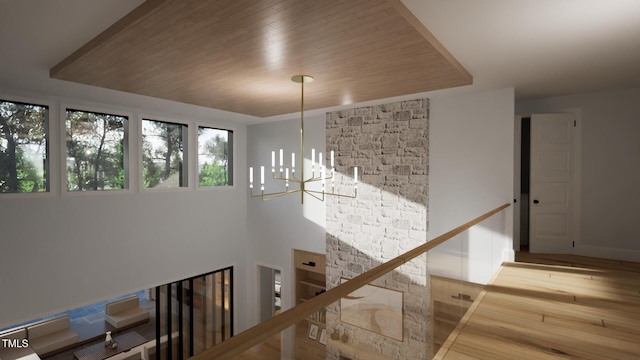 2344 Ballywater Lea Way, Wake Forest, NC 27587 - stairs featuring wood-type flooring, a chandelier, and wooden ceiling