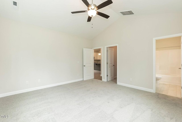 510 Branch St, Rocky Mount, NC 27801 - unfurnished bedroom featuring light carpet, connected bathroom, high vaulted ceiling, and a ceiling fan