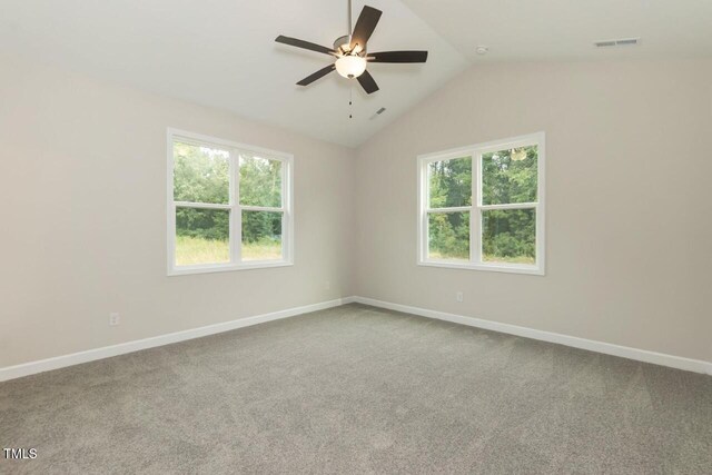 510 Branch St, Rocky Mount, NC 27801 - empty room featuring a ceiling fan, plenty of natural light, lofted ceiling, and carpet flooring