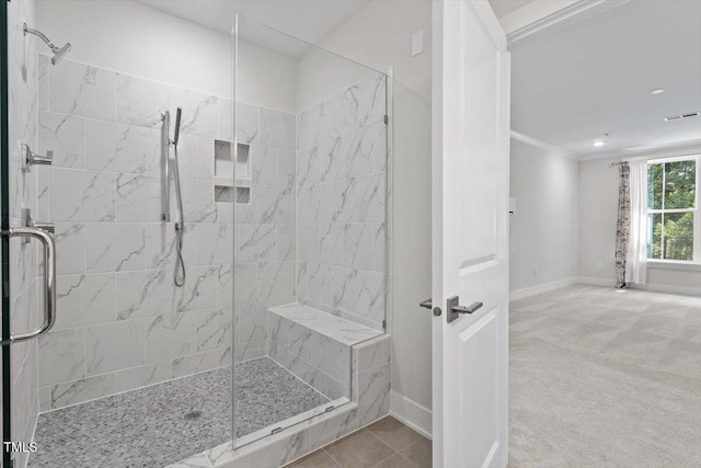 11548 Helmond Way # 104, Raleigh, NC 27617 - bathroom featuring a shower stall, recessed lighting, and crown molding