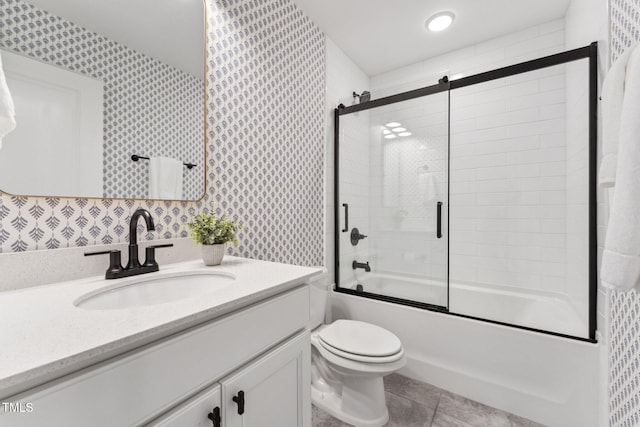 3194 Retama Run, New Hill, NC 27562 - bathroom featuring wallpapered walls, vanity, combined bath / shower with glass door, and tile patterned flooring