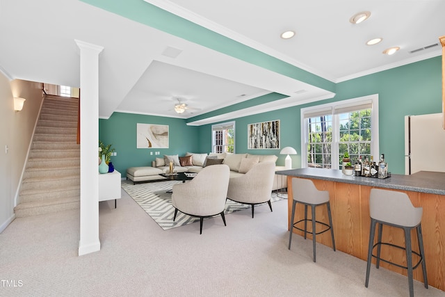 306 Neuse Ridge Dr, Clayton, NC 27527 - living room featuring ornamental molding, light colored carpet, stairs, recessed lighting, and a ceiling fan